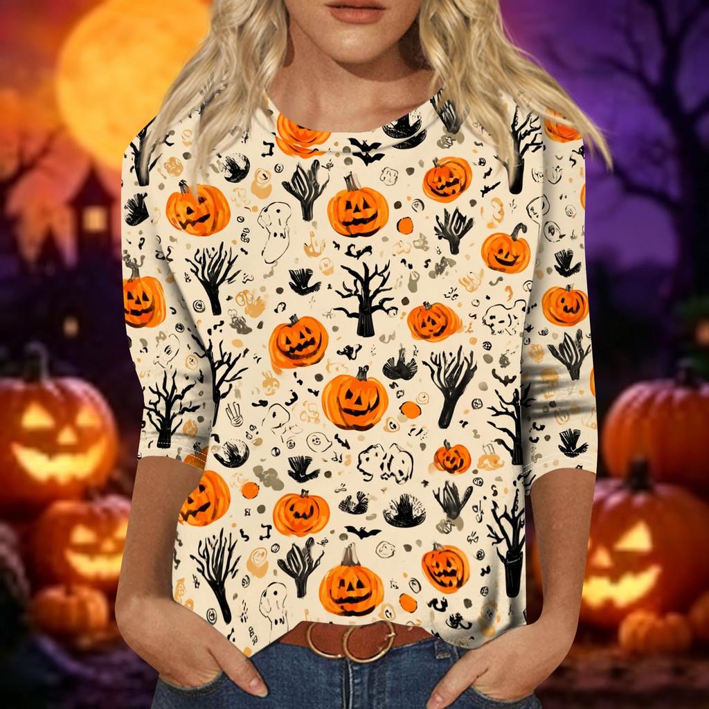 Women Casual Three Quarter Sleeve Halloween Pumpkin Print Crew Neck Top Lightweight Comfortable Fall Shirt for Everyday Wear