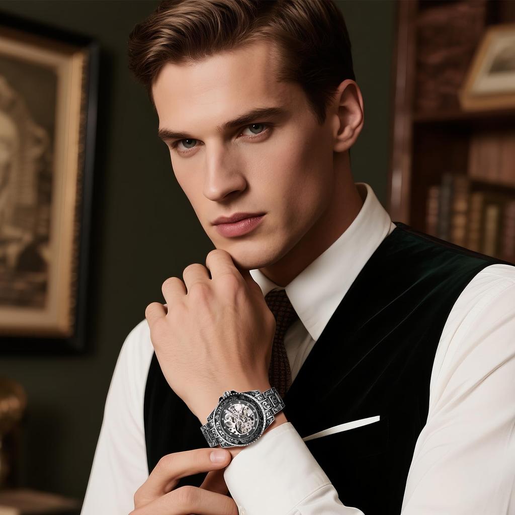 Automatic Skeleton Watch with Rotating Luminous Analog Stainless Steel Stylish Accessory Perfect for or as a Boyfriend Gift Men's Bezel Display,