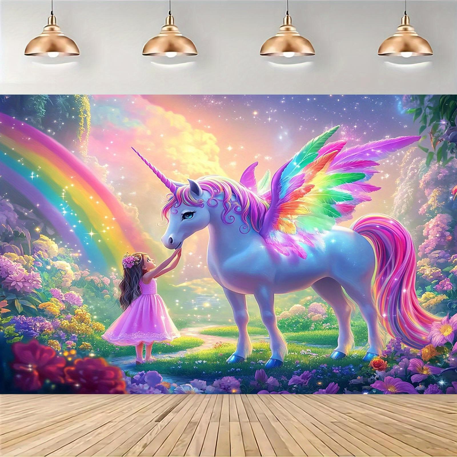 

1pc Unicorn Fairy Tale Tapestry Magical Wall Hanging Kids Room Decor Enchanted Garden Scene Rainbow Colors 74x94cm(29x37in)