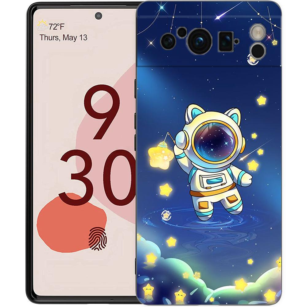 Cute Cartoon Astronaut For Google Pixel 8 7 6 Pro 6A 5G Black Phone Case Soft Shockproof Back Cover Silicone TPU Shell Coque