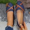 New denim large size shallow mouth single shoes women's round head flat bottom cross belt lazy work shoes wish