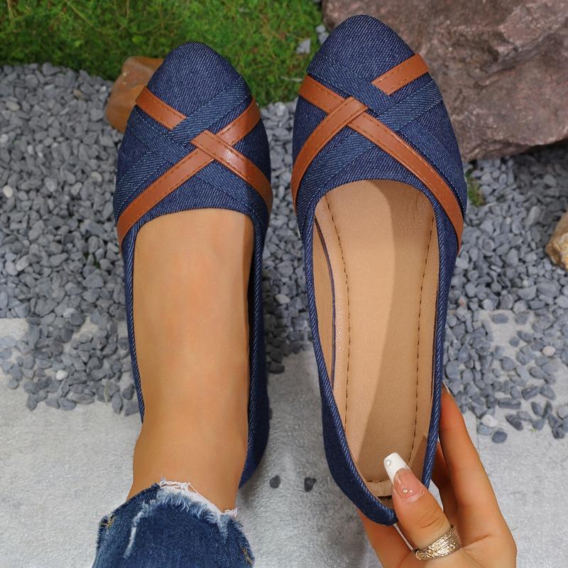 New denim large size shallow mouth single shoes women's round head flat bottom cross belt lazy work shoes wish