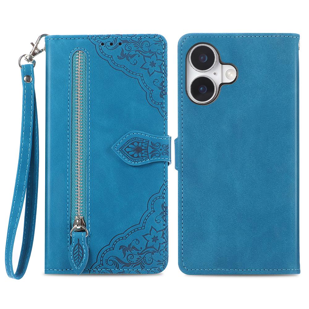 

For iPhone 16 Zipper Wallet Case with Strap Flower Imprint PU Leather Phone Cover Blue