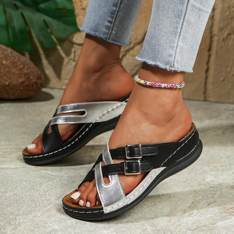 Sexy Metal Buckle Decoration Cross Strap Slides Women 2025 Summer Mix Color Wedge Heels Slippers Silver Soft Sole Beach Sandals