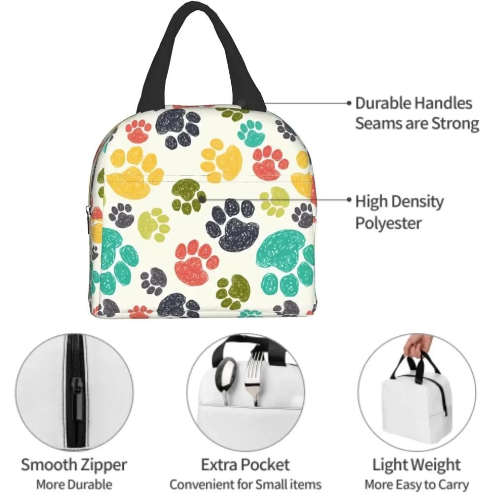 Cute Dog Paws Insulated Lunch Bag Colorful Hand Drawn Doodle Paw Prints Lunch Box Dog Lovers Cooler Thermal Reusable Tote