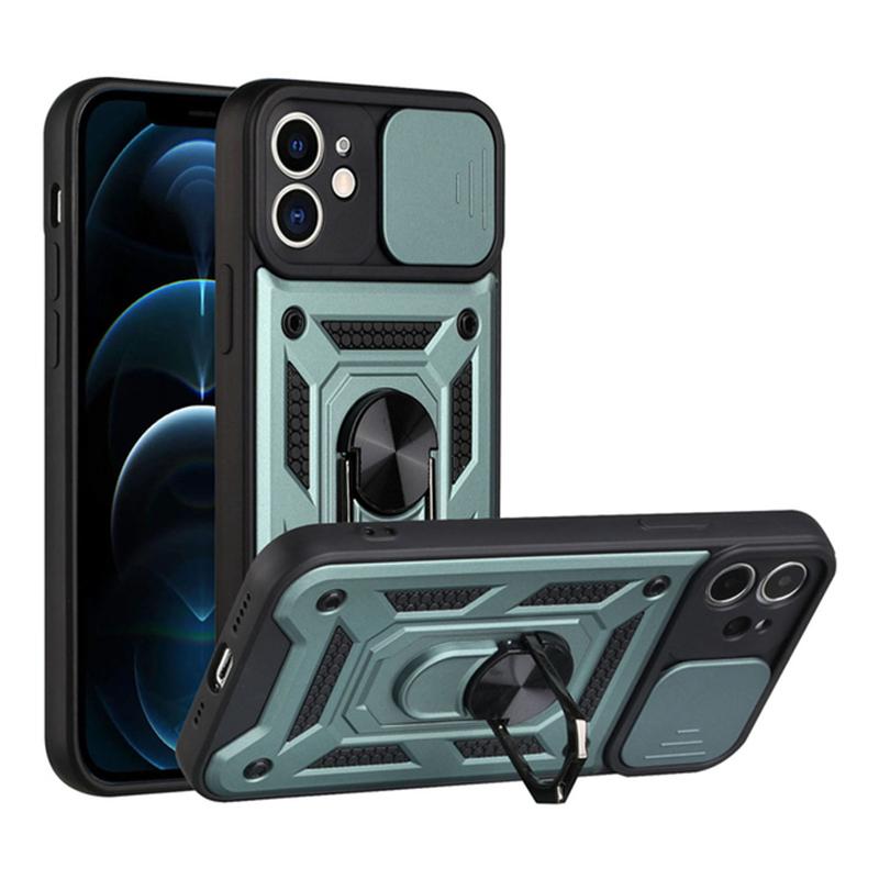 Armor Slide Camera Protection Phone Case For iPhone 13 12 11 Pro Max XR XS Max 6 7 8 Plus Ring Stand Holder Shockproof Cover