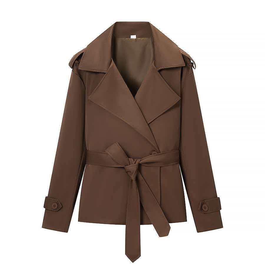 

European and American Style Women s Solid Color Belted Short Jacket Windbreaker. L