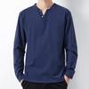 Men Fall Spring Top Buttoned V Neck Long Sleeves Pure Color Loose Pullover T-shirt Daily Wear Sport Homewear Clothes