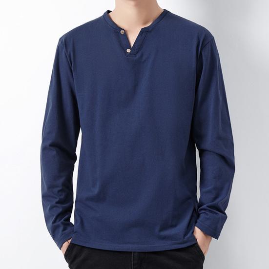 Men Fall Spring Top Buttoned V Neck Long Sleeves Pure Color Loose Pullover T-shirt Daily Wear Sport Homewear Clothes
