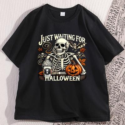 Just Waiting For Halloween Retro Tshirt Unisex Unisex Skeleton Pumpkin Halloween Waiting Tee Spooky Season Fall T Shirt