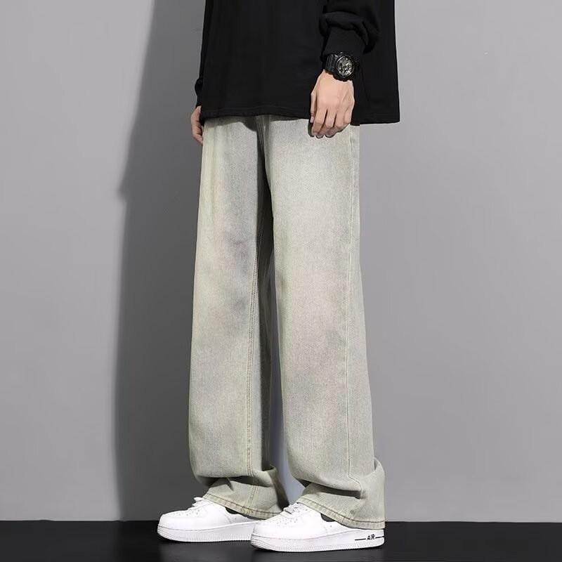 Mens Vintage Washed Straight Fit Denim Jeans Loose Wide Leg Casual Streetwear Trousers