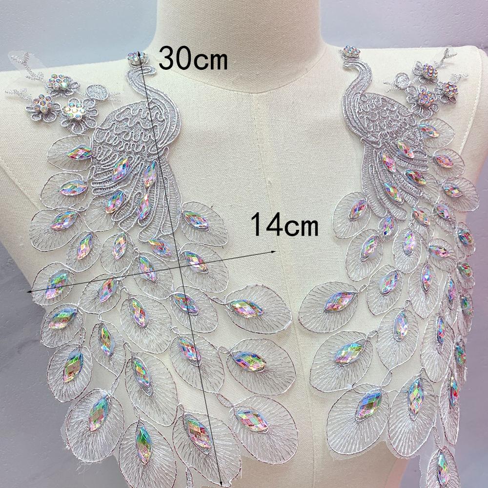 1Pair Black White Embroidered Peacock Rhinestone Decoration DIY Clothing Sewn Lace Applique