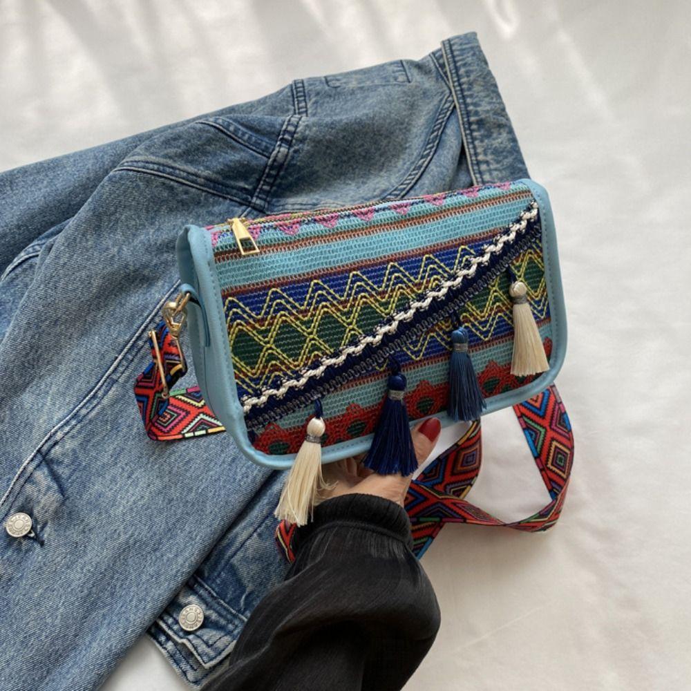 Embroidery Fringe Shoulder Bag Tassel Ethnic Style Crossbody Bag Bohemian Shoulder Bag  Travel