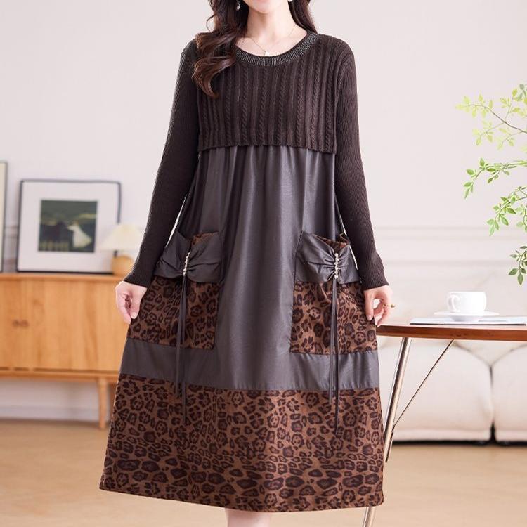Women's long Sweater Dress Knitted Patchwork PU Leather A-Line Dress Plus Size Knitted Dress for Autumn and Winter ...