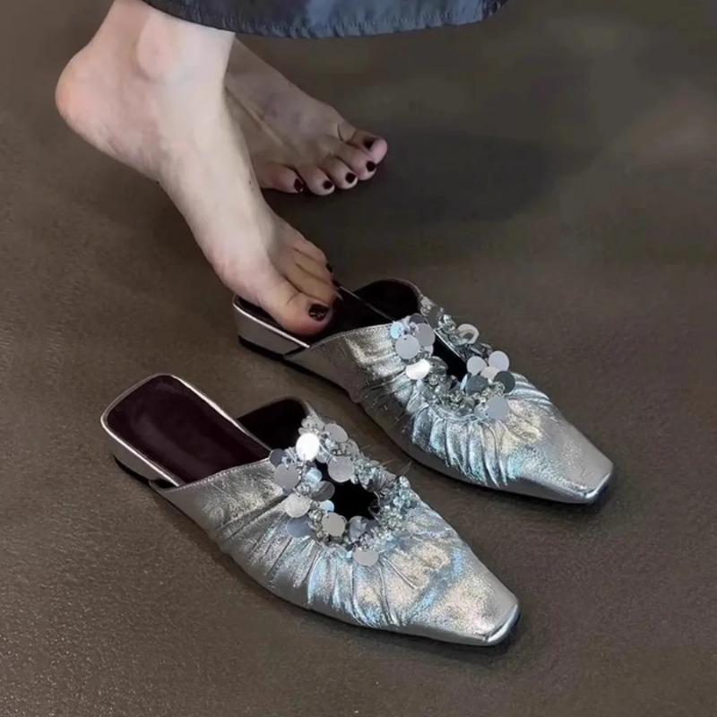 Women Mules Shoes Bling Flats Square Toe Slippers Elegant New 2025 Summer Sandals Dress Party Luxury Woman Slingback Shoes Mujer