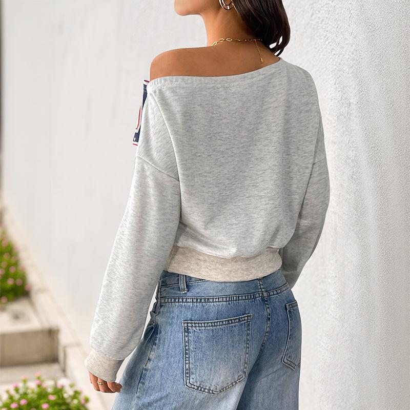2026 Autumn European & American Retro Letter Print One-Shoulder Cropped Slim Hoodie for Women