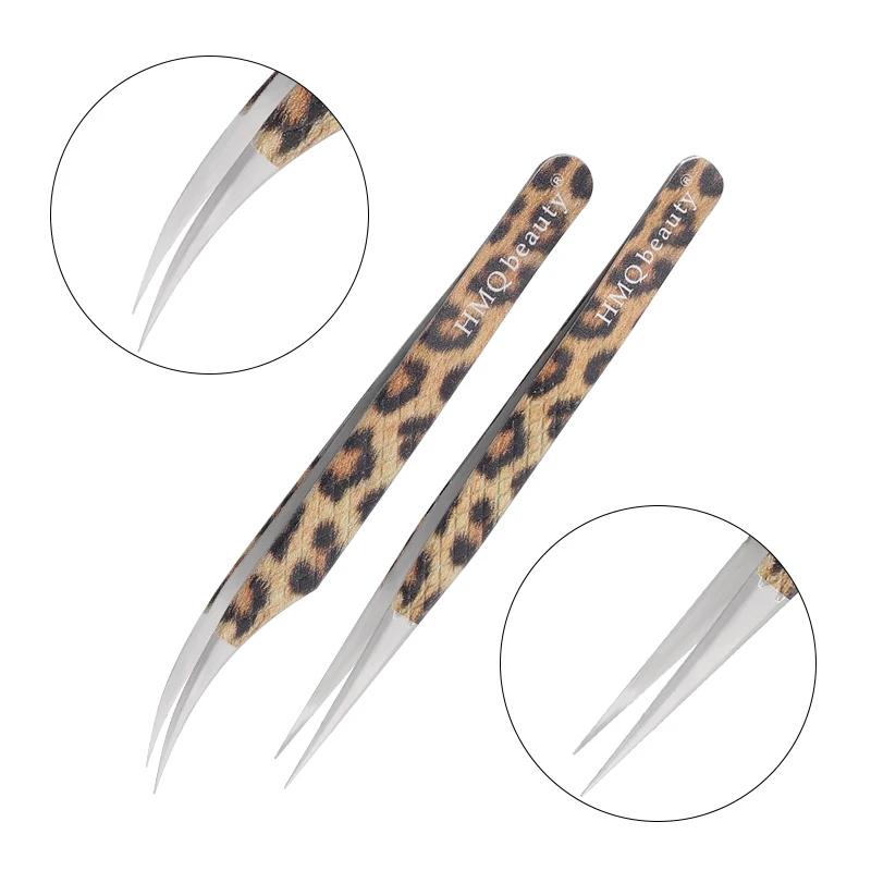 2Pcs Leopard Lash Tweezers Stainless Steel Superhard Tweezer 3D Volume Accurate Anti-Static Eyelash Extension Clip Beauty Tools