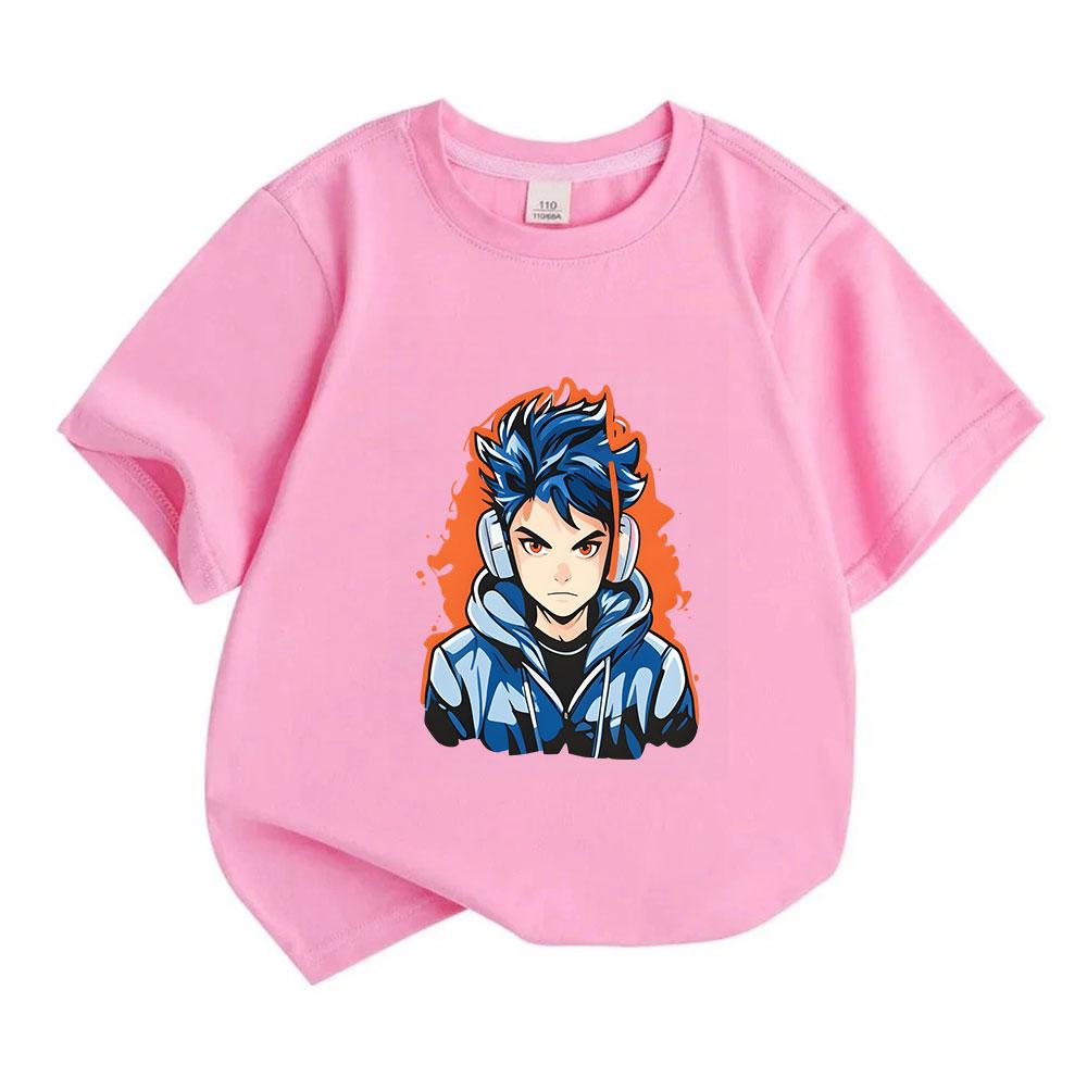 Kids 100% Cotton Crew Neck Short Sleeve T-Shirt, Cool Anime Blue Spiky Hair Gamer Boy Print Casual Soft Tee for Boys Girls Daily Wear