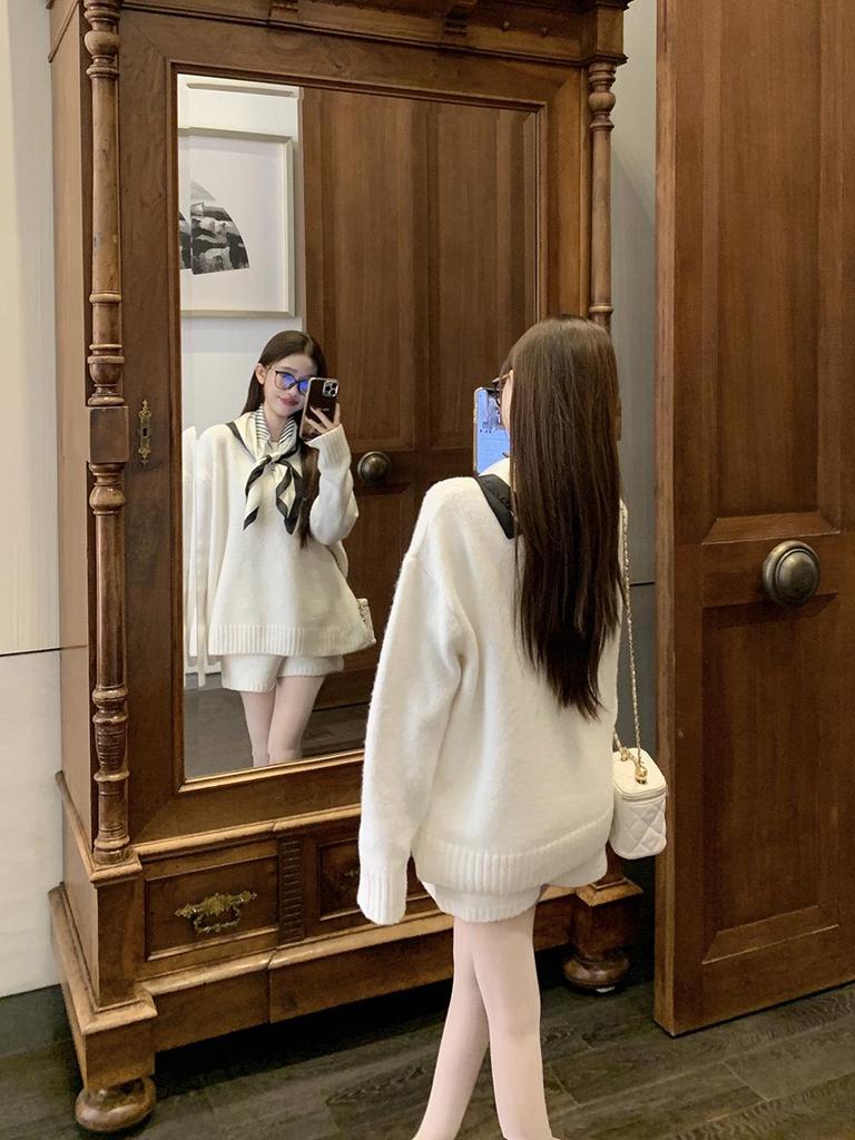 Women's Winter Black Knit Sweater and High-Waist Wide-Leg Shorts Two-Piece Set