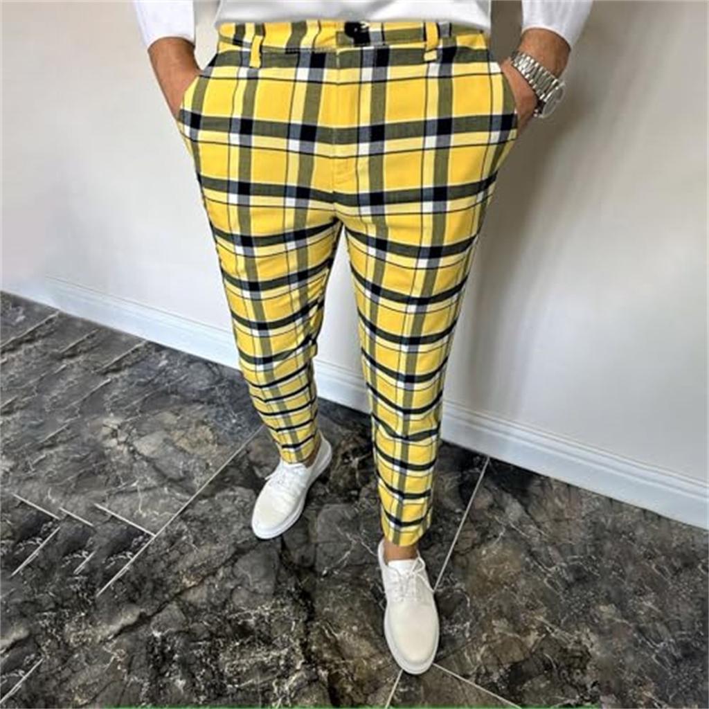Mens Casual Fashion Multi-color Digital Print Plaid Suit Pants