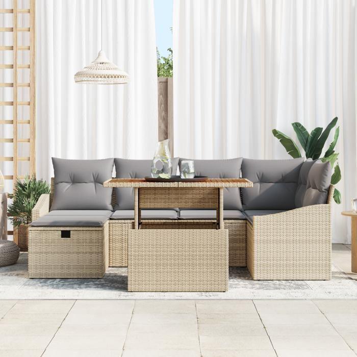 VidaXL Ensemble de canapé de jardin 7 pièces avec coussins Beige Poly Rotin 3361357