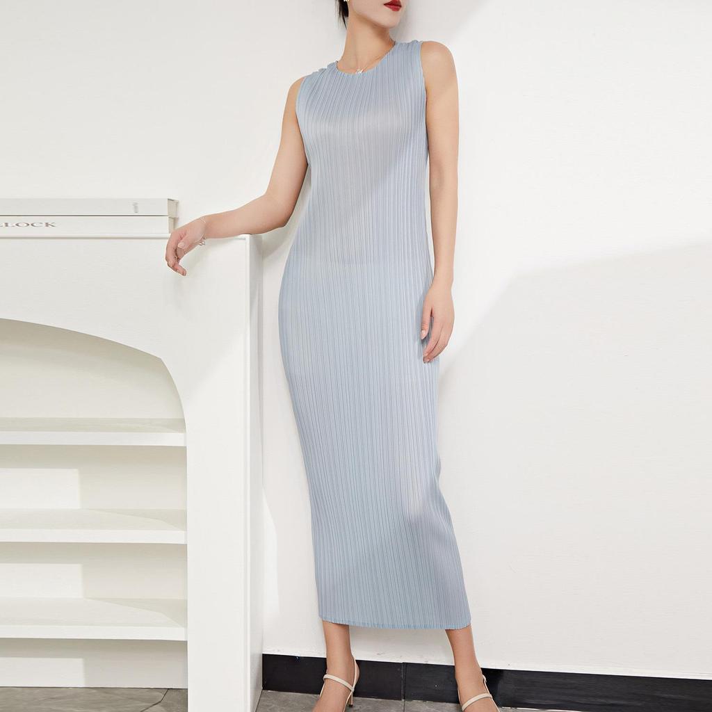 Dámské jednobarevné letní maxi šaty Miyake bez rukávů, plisované, slim-fit