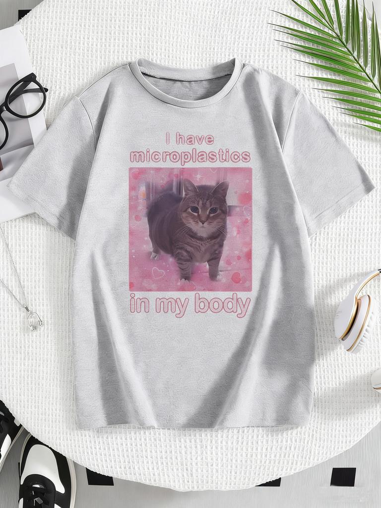 Y2k Pink Color Cat  Casual Crew Neck Print T Shirts Manga Kids Children's T-shirt Boys Girls Summer Spring Casual Top Tee