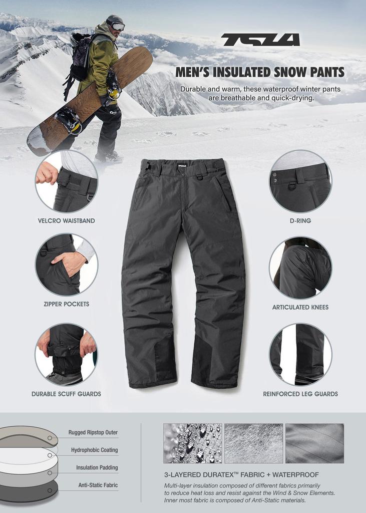 Tesla Men's Winter Fleece-Lined Warm Pants for Skiing, Snowboarding, and More, Windproof, Waterproof, and Thermal, Size tm-YKB80-JPCHC_XL