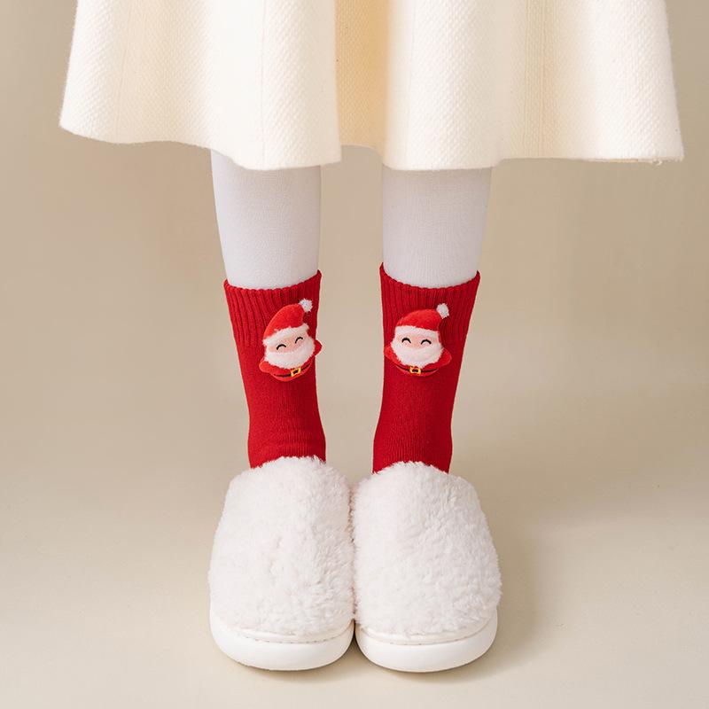 Female Autumn and Winter Hair Circle Christmas Three Dimensional Cartoon Cute Accessories This Year Red Tube Cotton Socks