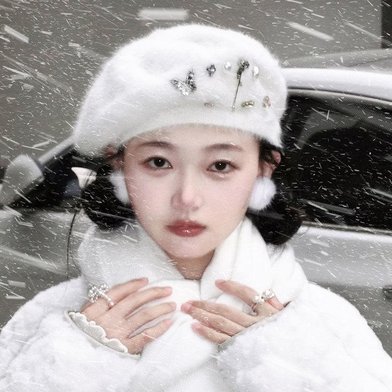 Rabbit Fur Plush Beret Female Winter Fashion Painter Hat Sweet Temperament Small Bud Hat