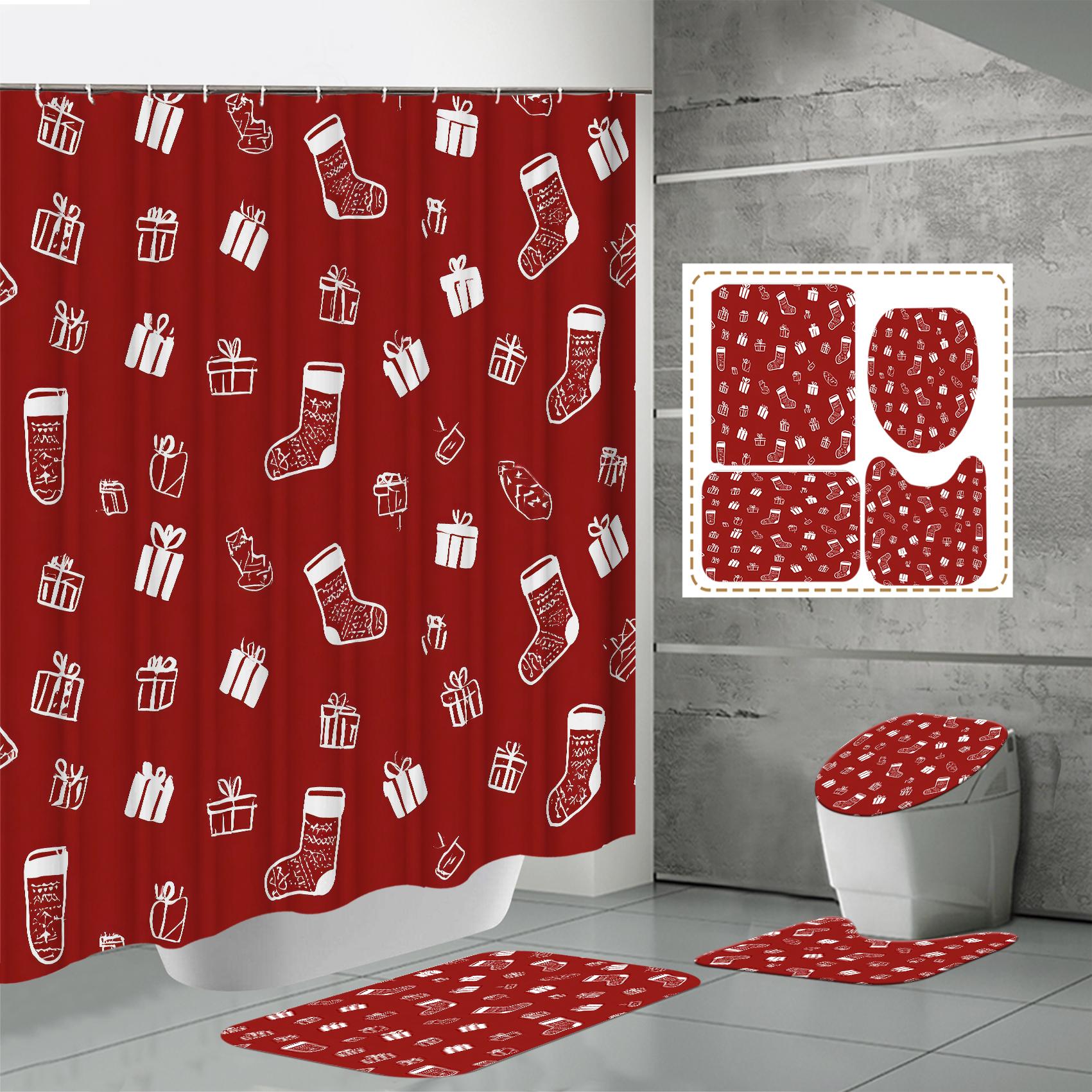 

4 шт. Набори для шторки для душу зі шторкою для душу та килимками, килимок на кришку унітазу, U-подібний килимок і килимок для ванної кімнати, набір для ванної кімнати з 12 гачками One Size