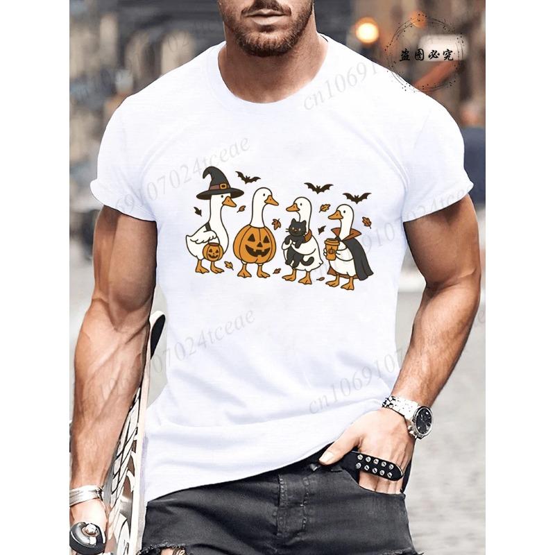 Summer Round Neck Halloween Ghost & Goose Graphic 3D Print T-shirts Fashionable Casual Short Sleeved Men's T-shirts