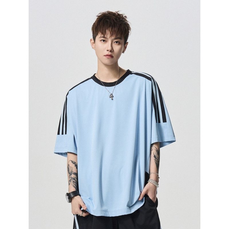 Wassup Trendy American Retro Three-Stripe Short-Sleeve T-Shirt for Men, New Thin Summer Style, Sports Casual Top