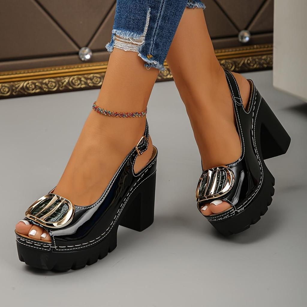 Fish Mouth Sandals Women's Summer New Fashionable Square Buckle Thick Sole Thick Heel High-heeled Buckle Sandals