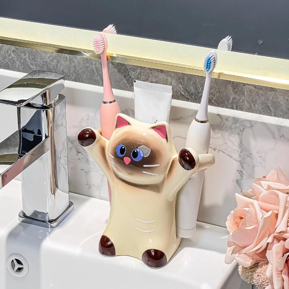 Cartoon Animal Cat Toothbrush Holder Anti-Slip Base Toothpaste Storage Shelf Bathroom Organizer