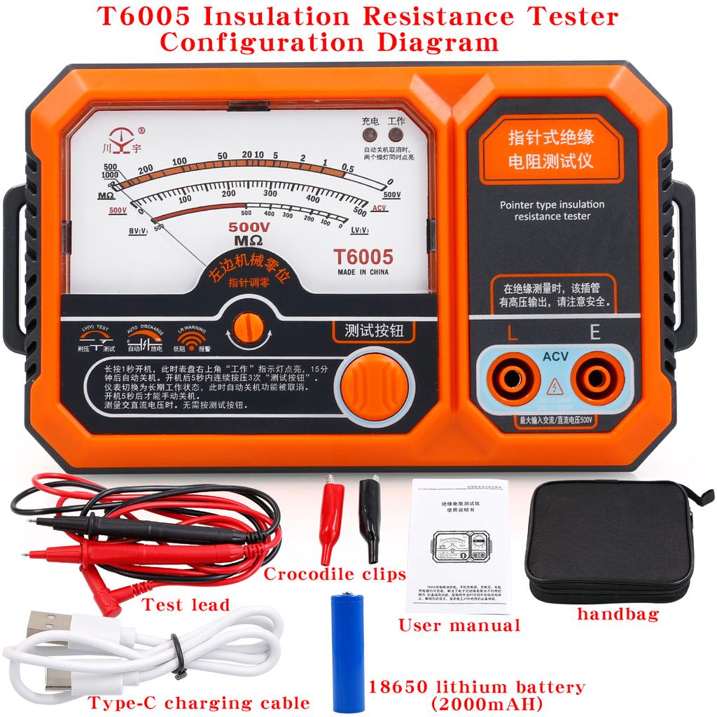 T6005 USB Rechargeable 500V Analog Insulation Resistance Tester T6010 Megaohmmeter