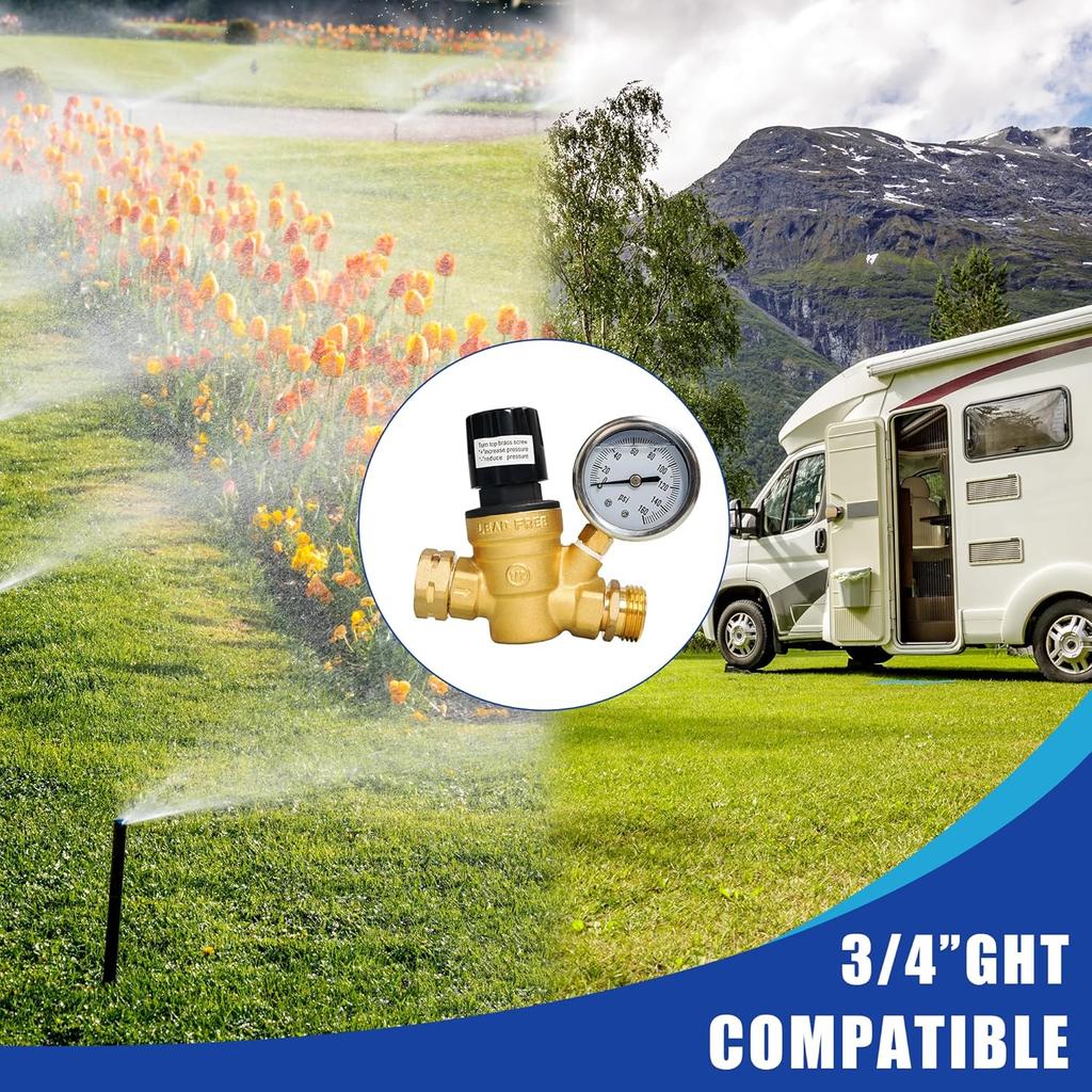 Hourleey RV Water Pressure Regulator, Adjustable Handle Brass Water Pressure Regulator, Water Pressure Reducer with Gauge and Inlet Screened Filter