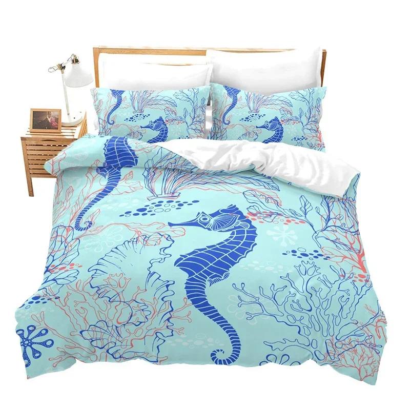 Ocean Bedding Set King/Queen Size Nautical Coastal Bedding,Hippocampus Comforter Cover For Kid Boys Girls,Sea Animal Duvet Cover