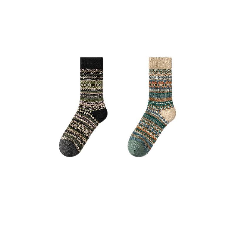 Ethnic-style Socks for Women In Winter, Thickened with Fleece, Warm Striped, Retro Long Tube with Loops, Women's Growth Socks, Cotton Socks