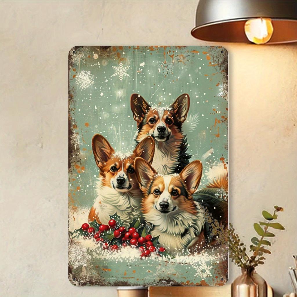 Vintage Christmas Corgi Metal Tin Sign, Retro Iron Wall Art for Gym, Cafe, Garage, Restaurant, Home, Forest, Garden - Indoor & O