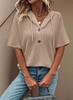 Womens Summer Waffle Knit Short Sleeve Hooded V Neck Button Drawstring Loose Shirt