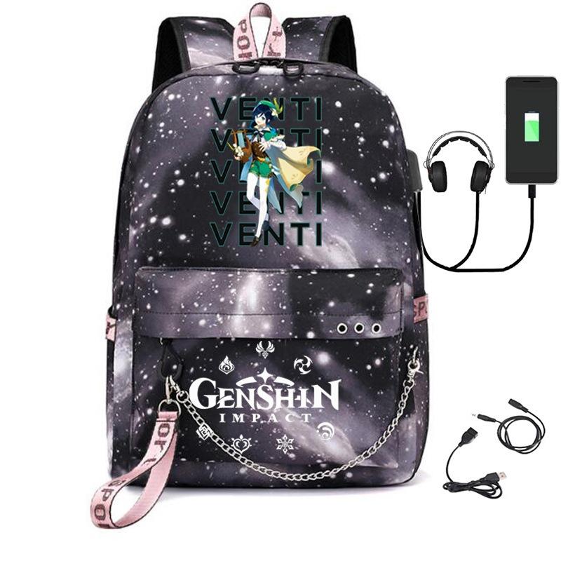 Printed Iron Chain Usbgenshinimpact Yuanshen Backpack Leisure Middle School Student Travel School Bag