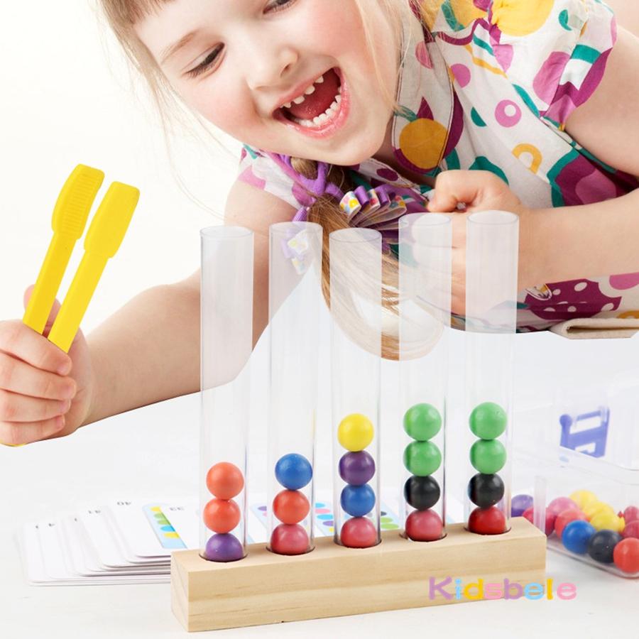 Tube Clamping Ball Toy for Kids Color Sorting & Fine Motor Skills Montessori Style  Wooden Educational Toy with Cards 3-8 Years