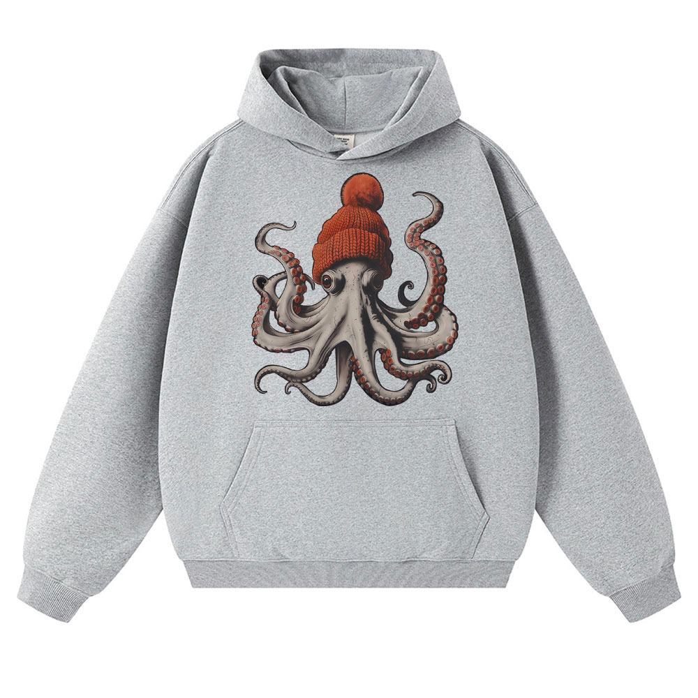 Bere Takmış Komik Ahtapot Grafik Kapüşonlu Sweatshirt Erkek Kadın Moda 90lar Vintage Uzun Kollu Oversize Polar Sweatshirt
