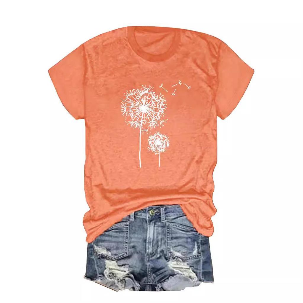 European and American Summer Women's Dandelion Print Round Neck Short-Sleeve Casual T-Shirt