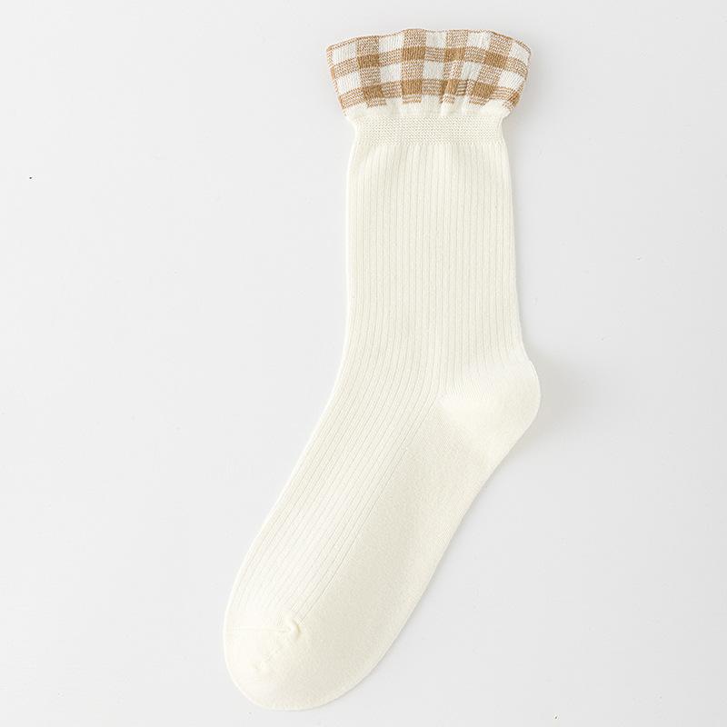 Ladies Spring and Autumn Assorted Plaid Curled Lace Pile In The Tube Cotton Socks