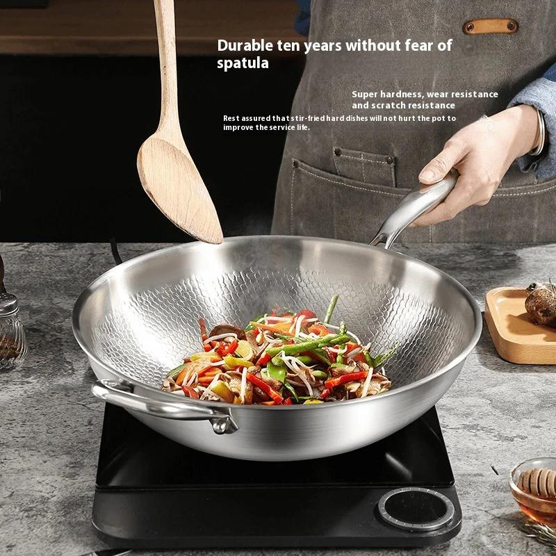Kengqiang Pure Titanium Frying Pan Uncoated Non Stick Pan Fish Scale Hammer Pattern Titanium Alloy Wok Kitchen Custom Cookwares