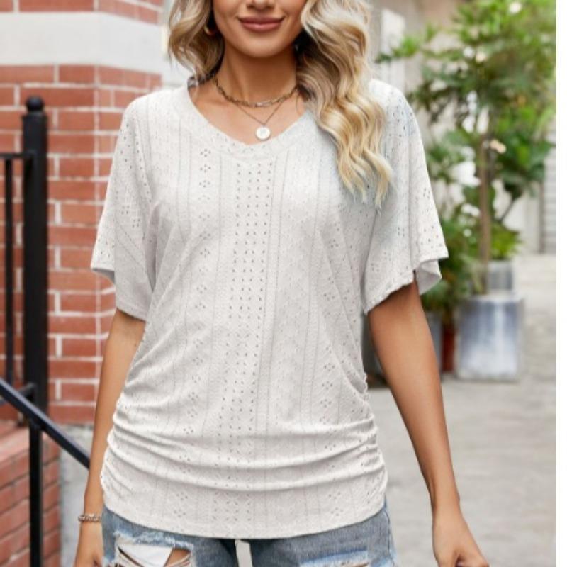 

Summer Women s T-shirt with Hollowed Out V-neck Pleated Casual Top Shirt S білий