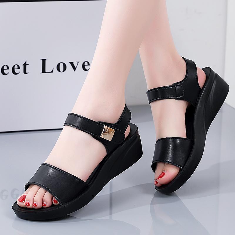 Women Chunky Sandals Casual Black Thick Sole Wedge Shoes Height Increase Platform Open Toe Sandals for Mother
