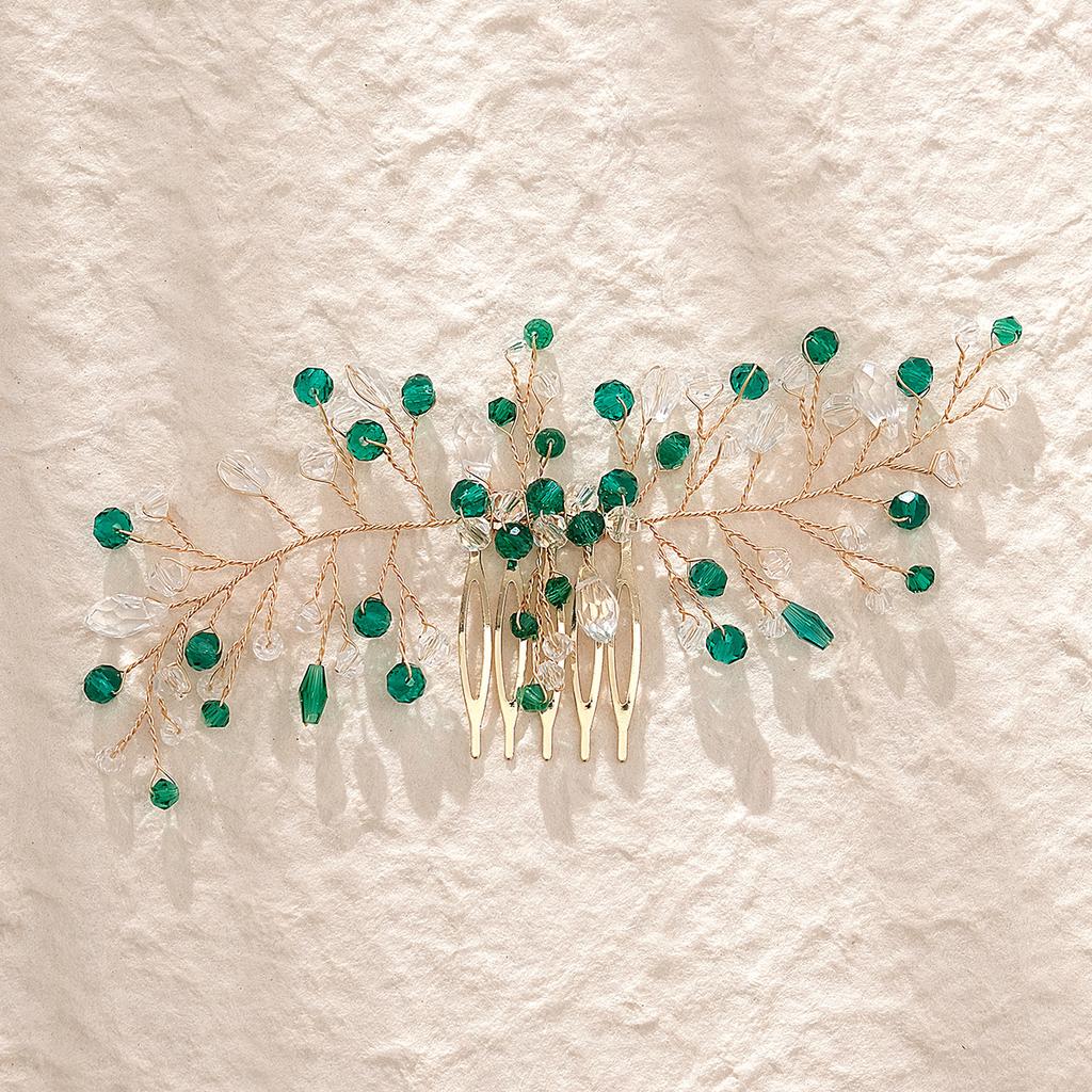 Retro Alloy Rhinestone Plug Comb Handmade Leaf Green Crystal Headdress Antique Hanfu Jewelry Bridal Hair Comb